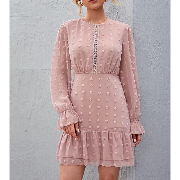 Dusty Pink Lace Insert Swiss Dot Layered Dress - Picture 1 of 6